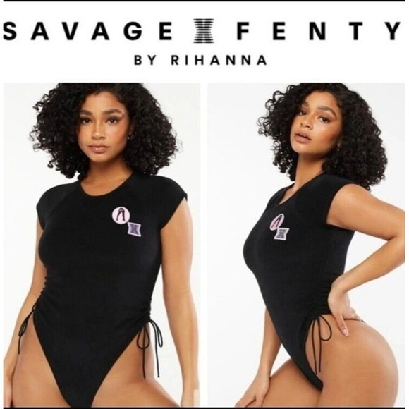 NWT SAVAGE X FENTY 70s Ruched Terry Thong Teddy black size Medium - Picture 1 of 6
